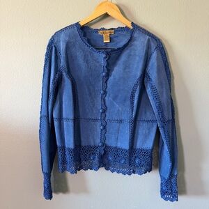 Vintage Suede Essentials Royal Blue Genuine Suede Crochet Trim Jacket Size L